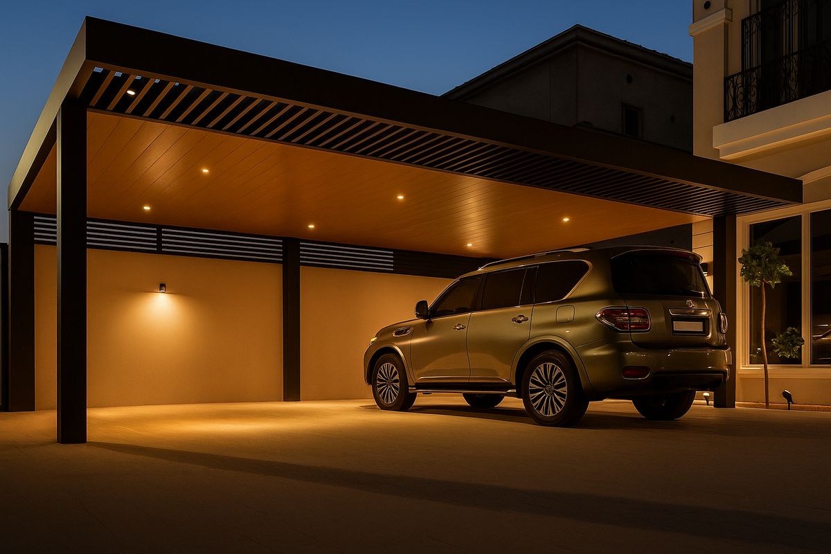 Double-bay aluminium carport with warm interior LED ceiling, SUV parked, dusk.