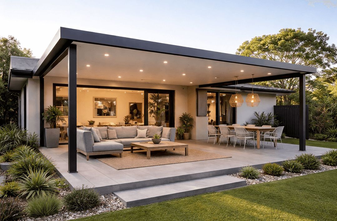 Fixed flat-roof aluminium pergola over an outdoor lounge with evening interior glow at a Dubai villa.