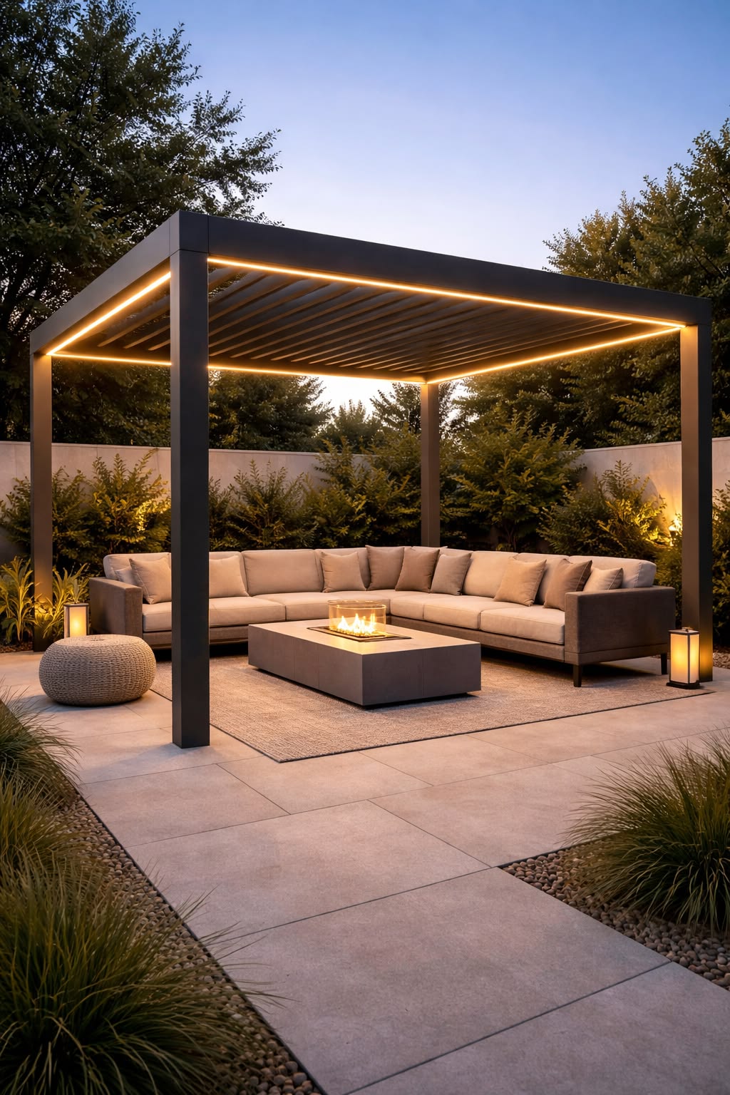 Aluminium louvered pergola with side sunscreens over a wide terrace at a Dubai villa.