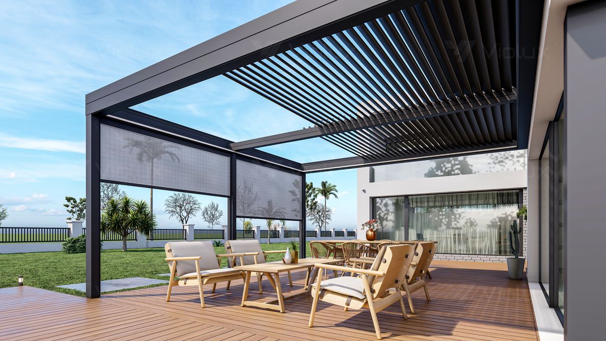 Motorised aluminium pergola with integrated LED perimeter strip over a fire pit lounge at blue hour.